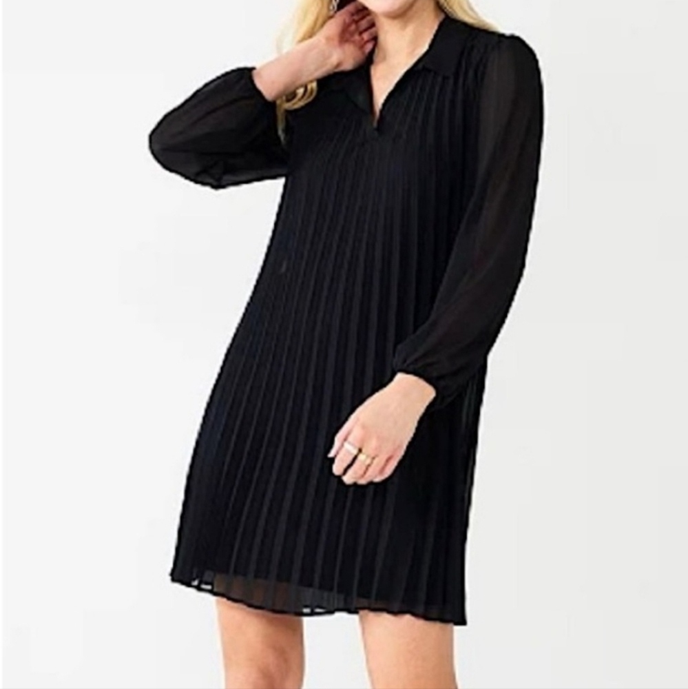 NINE WEST Black Georgette Pleated Dress Split Collar XL